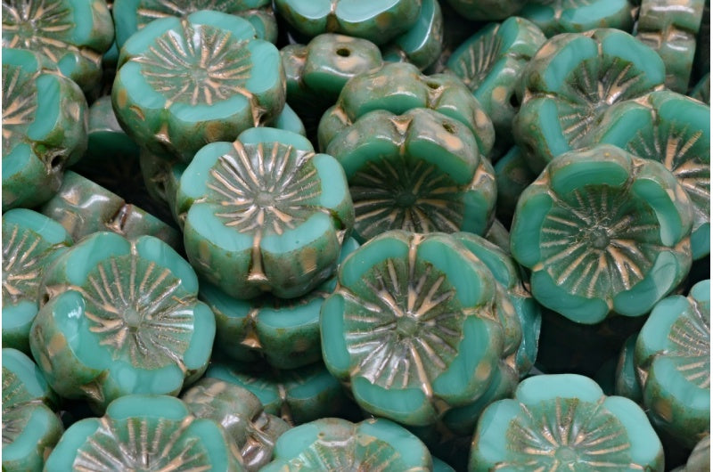 テーブルカットハワイフラワービーズ、ターコイズトラバーチンベージュトラバーチンスポット(63130-86800-33301)、ガラス、チェコ共和国