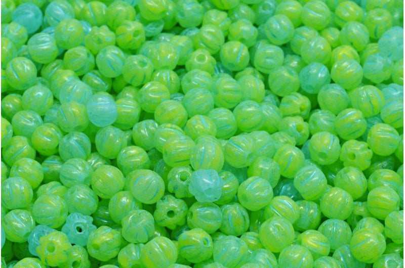 Melon Beads, Yellow Turqouise Spotted (R0812-33309), Glass, Czech Republic