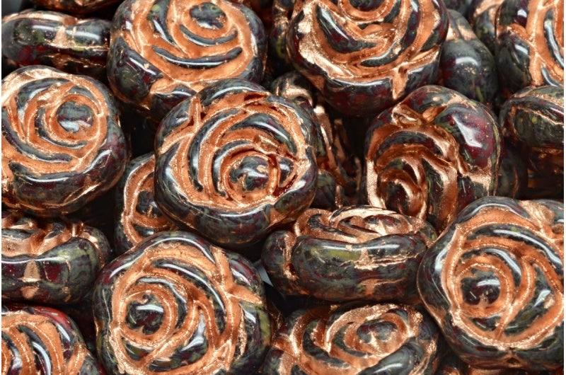 フラットラウンドローズフラワービーズ、オパールレッドトラバーチン銅ライニング(91240-86800-54318)、ガラス、チェコ共和国