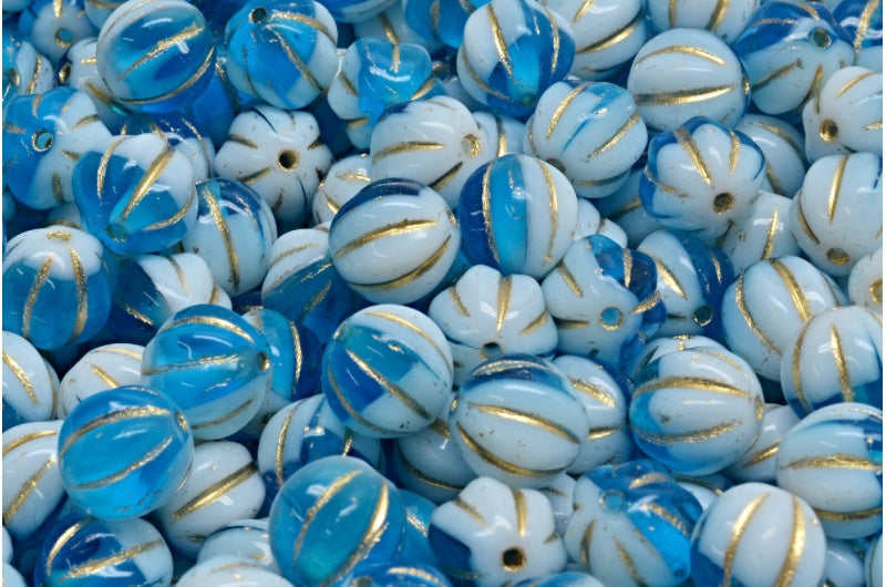 メロンビーズ、白透明アクアゴールドライン(02010-60020-54302)、ガラス、チェコ共和国