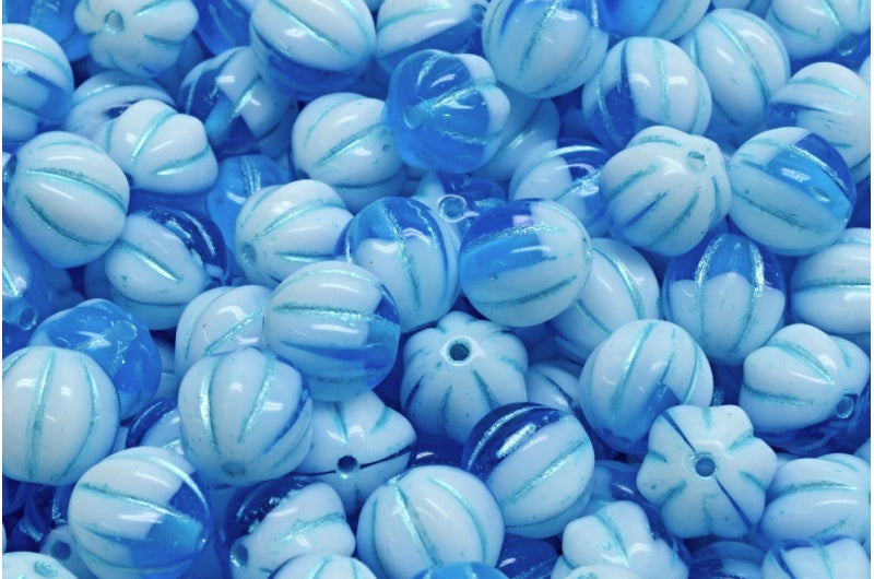 メロンビーズ、白透明アクアライトブルーライン入り(02010-60020-54308)、ガラス、チェコ共和国