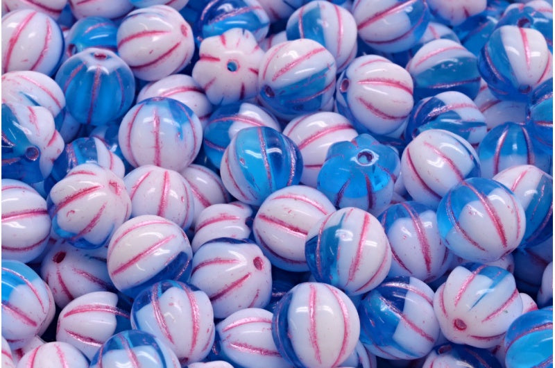 メロンビーズ、白透明アクアピンクライン入り(02010-60020-54321)、ガラス、チェコ共和国