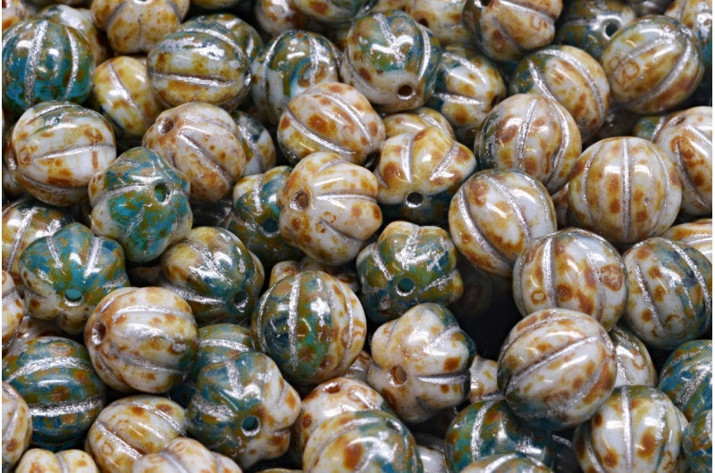 メロンビーズ、白透明アクアトラバーチンシルバーライン(02010-60020-86800-54301)、ガラス、チェコ共和国