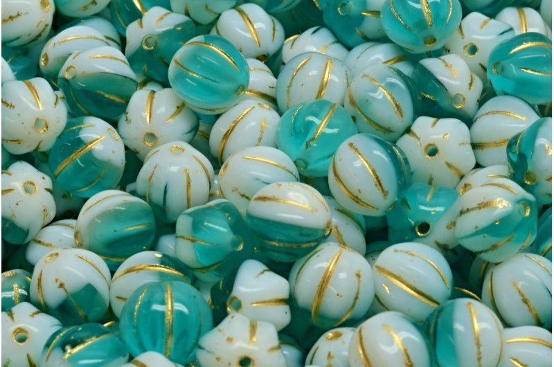 メロンビーズ、白透明アクアゴールドライン(02010-60040-54302)、ガラス、チェコ共和国