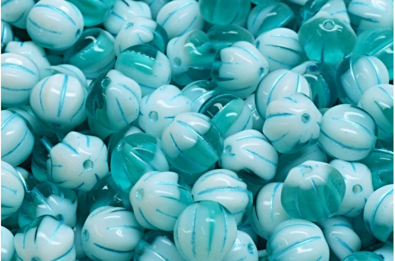 メロンビーズ、白透明アクアライトブルーライン入り(02010-60040-54308)、ガラス、チェコ共和国