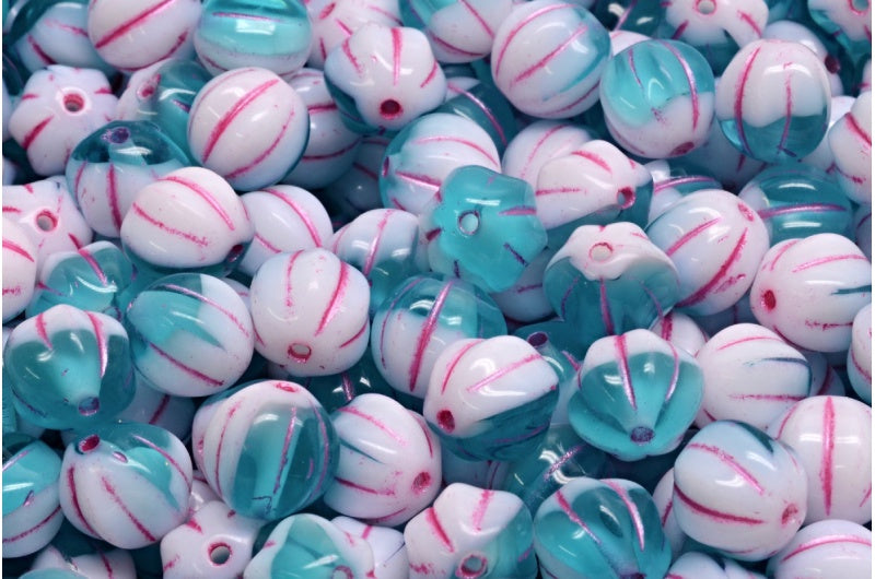 メロンビーズ、白透明アクアピンクライン(02010-60040-54321)、ガラス、チェコ共和国