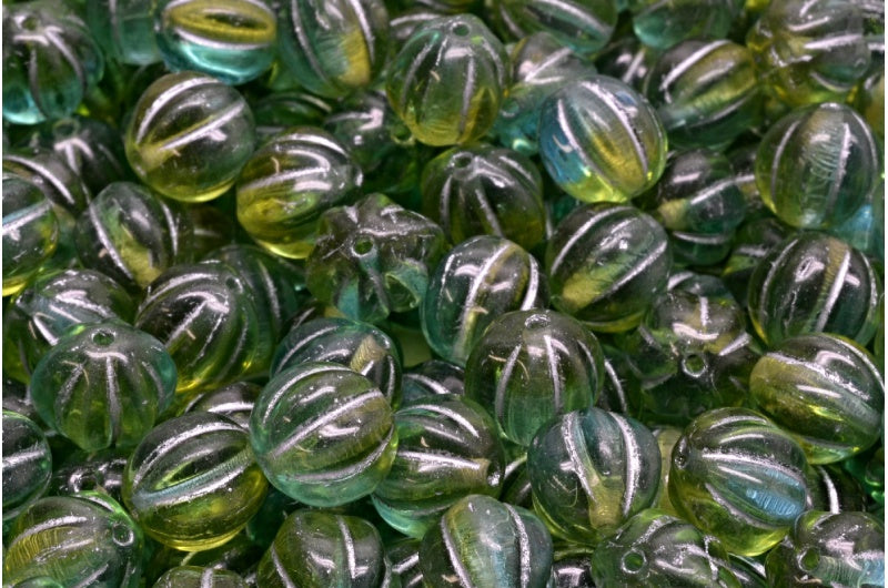 メロンビーズ、透明グリーン、透明アクア、シルバーライン(50230-60000-54301)、ガラス、チェコ共和国