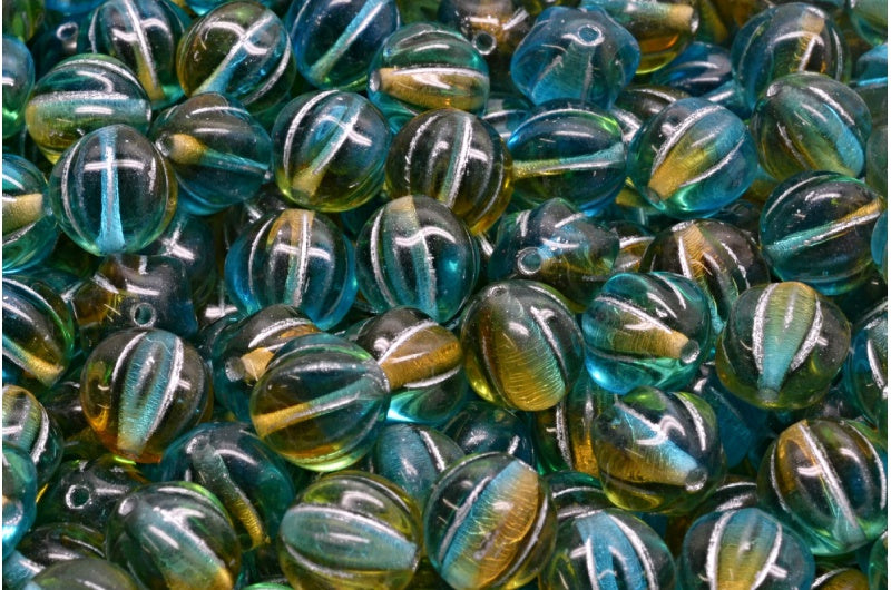 メロンビーズ、透明オレンジ、透明アクア、シルバーライン(10060-60020-54301)、ガラス、チェコ共和国