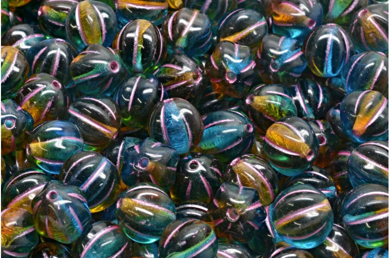 メロンビーズ、透明オレンジ、透明アクアピンクライン入り(10080-60040-54321)、ガラス、チェコ共和国