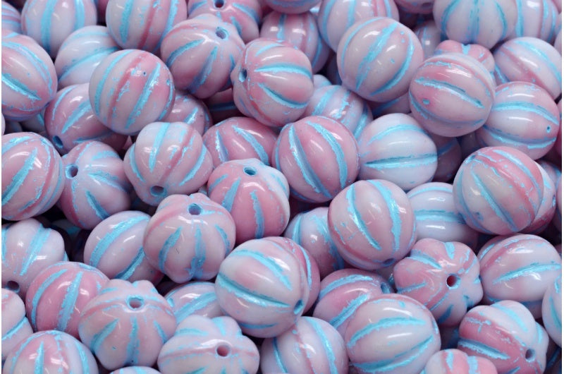 メロンビーズ、ピンクライトブルーのライン入り(07724-54308)、ガラス、チェコ共和国