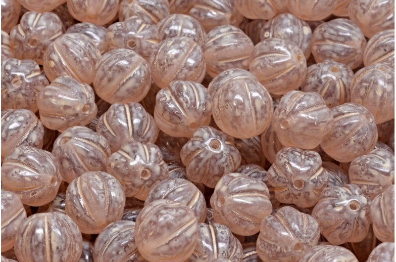 メロンビーズ、透明ライトアメジストベージュトラバーチンスポット(20020-33301)、ガラス、チェコ共和国