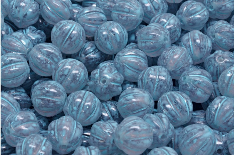 メロンビーズ、透明ライトアメジストターコイズスポット(20020-33309)、ガラス、チェコ共和国