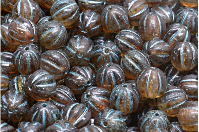 Melon Beads, Transparent Light Amethyst Travertin Light Blue Lined (20020-86800-54308), Glass, Czech Republic