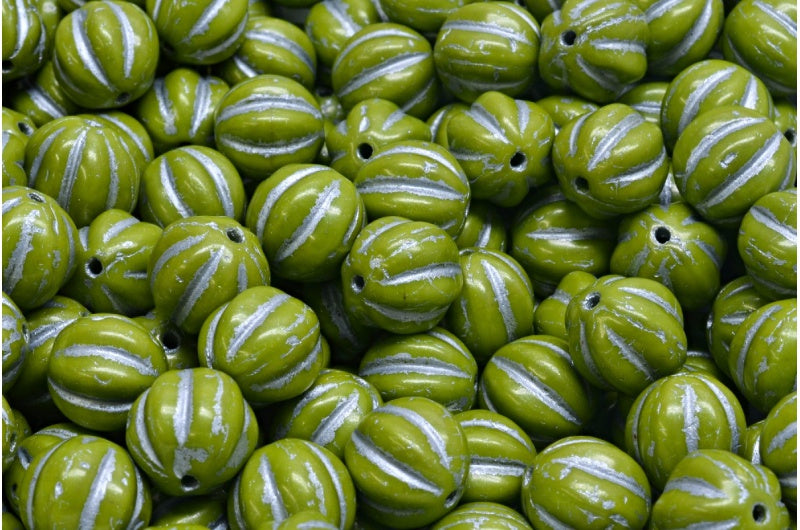 メロンビーズ、不透明グリーン、シルバーライン(53410-54301)、ガラス、チェコ共和国