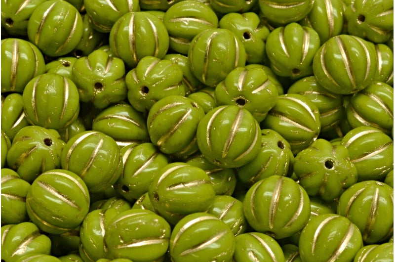 メロンビーズ、不透明グリーンゴールドライン(53410-54302)、ガラス、チェコ共和国