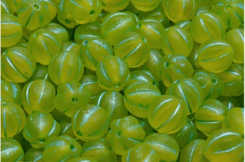 メロンビーズ、透明イエローマットライトブルーライン(80020-84100-54308)、ガラス、チェコ共和国