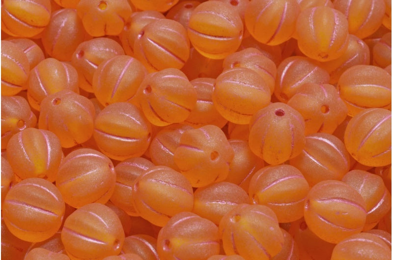 Melon Beads, Transparent Yellow Matte Pink Lined (80020-84100-54321), Glass, Czech Republic