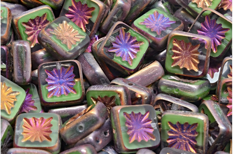 OUTLET 10 grams Table Cut Square Kiwi Beads, 10 x 10 mm, Opaque Green Sliperit Full (2X Side) (56018-29503), Glass, Czech Republic