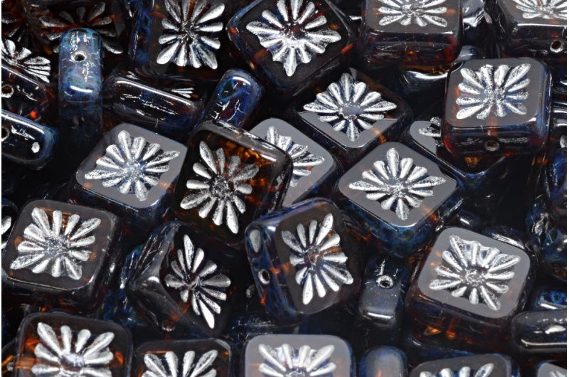 Table Cut Square Kiwi Beads, Transparent Brown Travertin Silver Lined (10100-86800-54301), Glass, Czech Republic