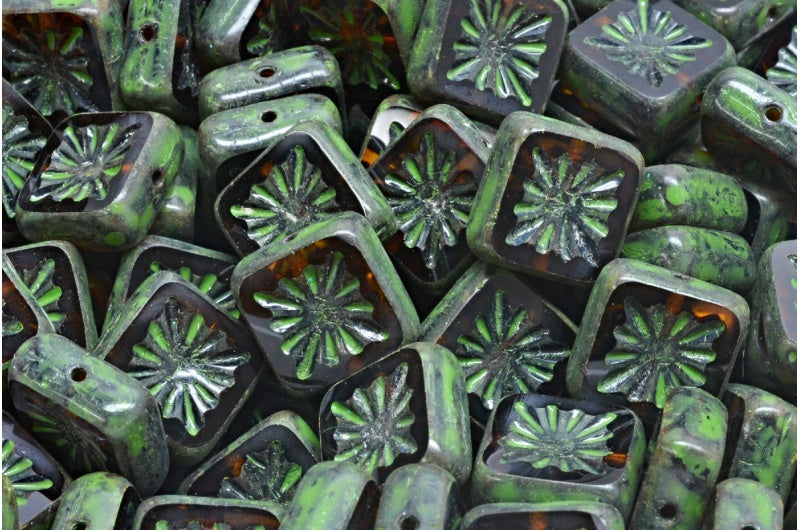 Table Cut Square Kiwi Beads, Transparent Brown Travertin Green Spotted (10210-86800-33311), Glass, Czech Republic