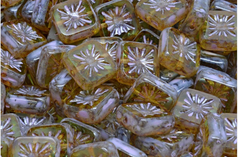 桌面切割方形奇异果珠,透明绿色洞石冷紫色斑点(50500-86800-33305),玻璃,捷克共和国