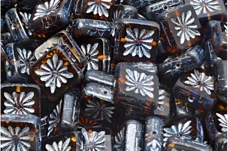 Table Cut Square Kiwi Beads, Orange With Brown Lines Travertin Silver Lined (18016-86800-54301), Glass, Czech Republic