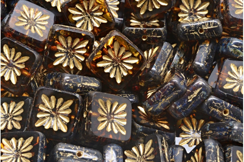 Table Cut Square Kiwi Beads, Orange With Brown Lines Travertin Gold Lined (18016-86800-54302), Glass, Czech Republic