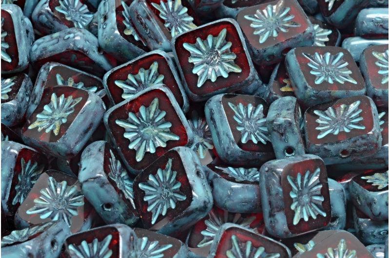 テーブルカットスクエアキウイビーズ、ルビーレッドトラバーチンターコイズスポット(90080-86800-33309)、ガラス、チェコ共和国