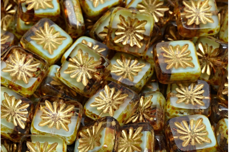 Table Cut Square Kiwi Beads, 56217 Travertin Gold Lined (56217-86800-54302), Glass, Czech Republic