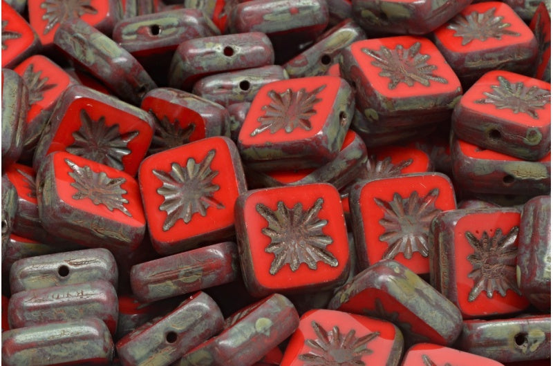 テーブルカットスクエアキウイビーズ、不透明レッドトラバーチン(93200-86800)、ガラス、チェコ共和国