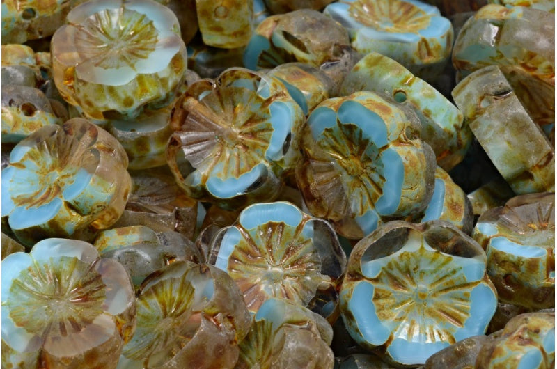 OUTLET 10g Table Cut Hawaii Flower Beads, 14 x 14 mm, 66017 Travertin (66017-86800), Glass, Czech Republic