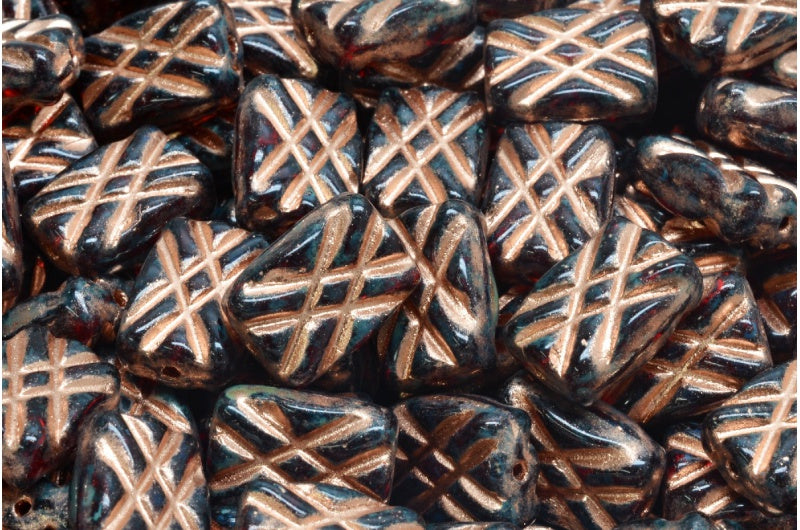 デザインされた長方形のビーズ、ルビーレッドのトラバーチン銅張り(90080-86800-54318)、ガラス、チェコ共和国