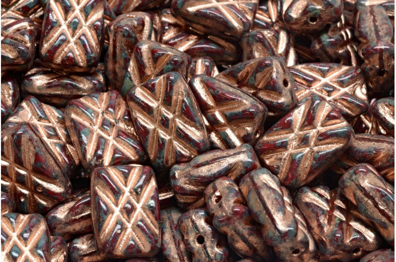 Designed Rectangle Beads, Opaque Red Travertin Copper Lined (93200-86800-54318), Glass, Czech Republic