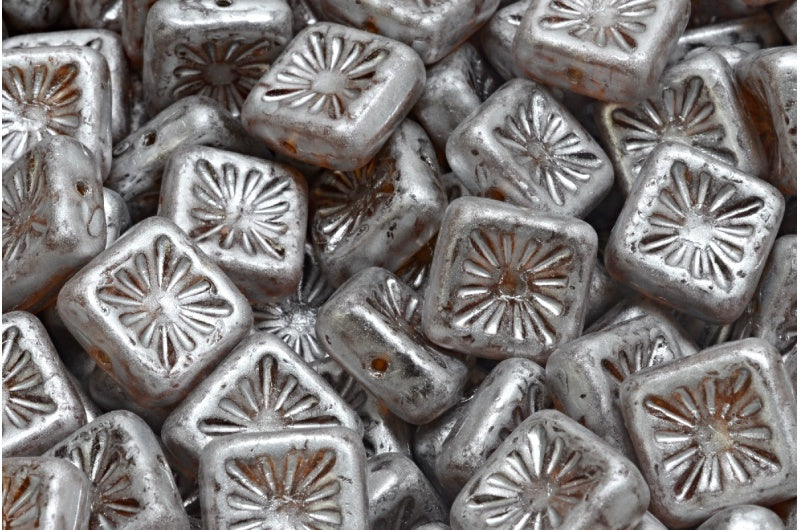 Squared Kiwi Beads, Transparent Brown Silver Splash (10100-86700), Glass, Czech Republic