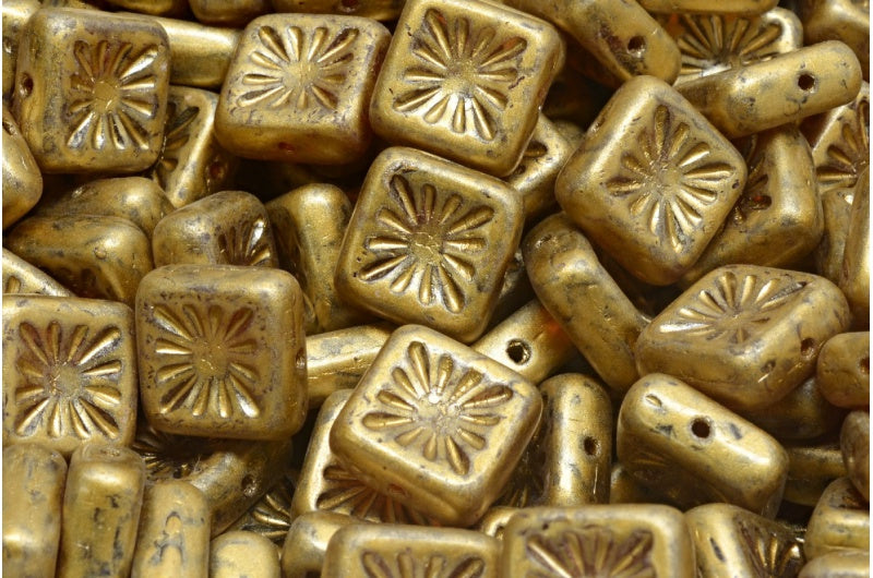 Squared Kiwi Beads, Transparent Brown Gold Splash (10100-86720), Glass, Czech Republic