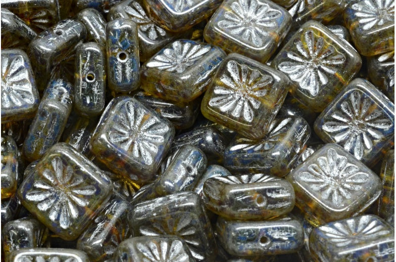 Squared Kiwi Beads, Transparent Green Travertin Silver Lined (50500-86800-54301), Glass, Czech Republic