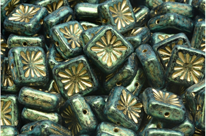 スクエアドキウイビーズ、ブラック 86822 ゴールドライン (23980-86822-54302)、ガラス、チェコ共和国