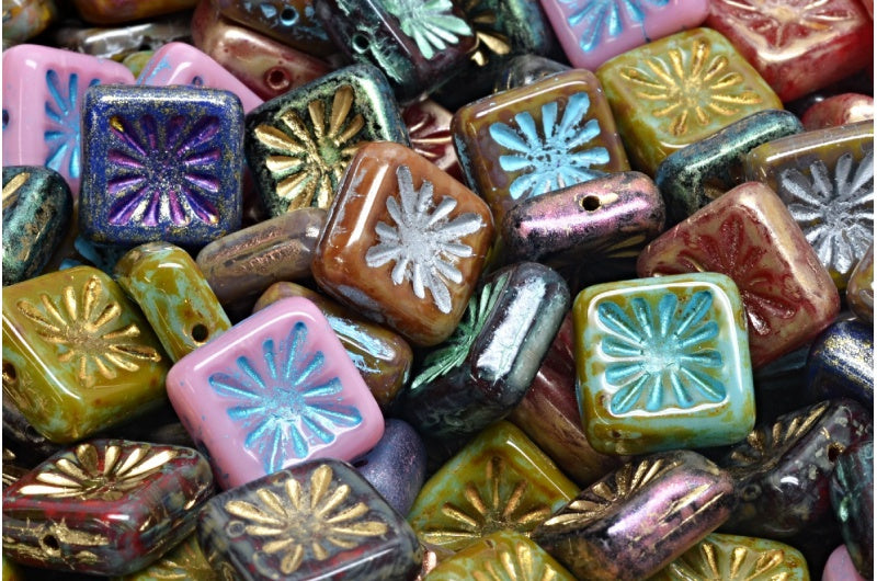 OUTLET 10 grams Squared Kiwi Beads, 10 x 10 mm, 1 Mixed Colors (00001-mix), Glass, Czech Republic