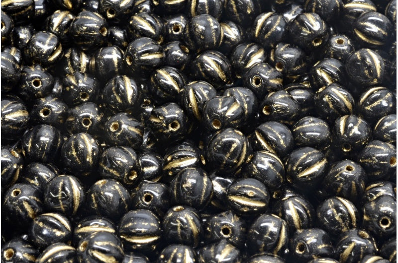 Melon Beads, Black Gold Lined (23980-54302), Glass, Czech Republic