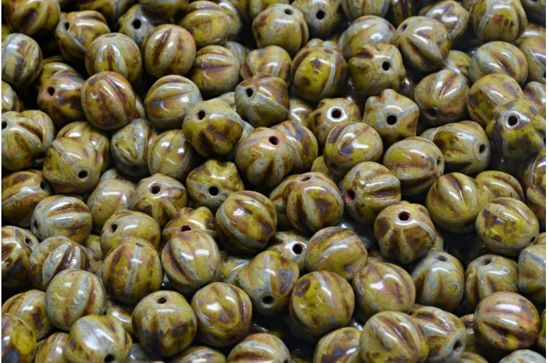 Melon Beads, Opaque Green Travertin (53410-86800), Glass, Czech Republic