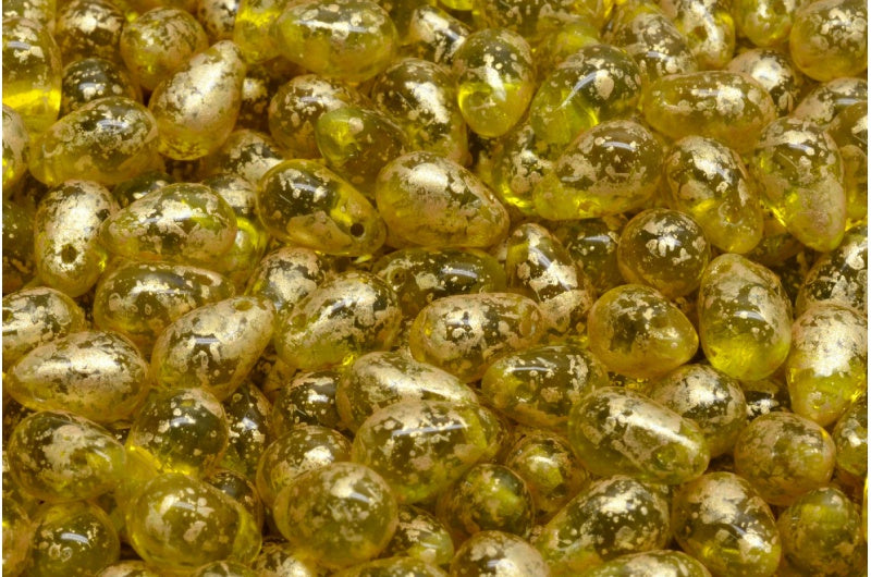 Drop Beads, Transparent Yellow Transparent Green Gold Splash (80020-50220-94401), Glass, Czech Republic