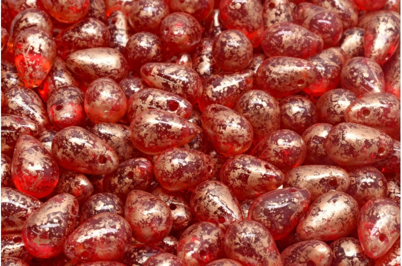 Drop Beads, Ruby Red Transparent Light Topaz Yellow Copper Splash (90080-10020-94402), Glass, Czech Republic