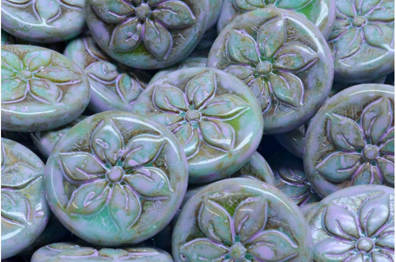 Flower Coin Beads, Turquoise Travertin Cold Purple Spotted (63130-86800-33305), Glass, Czech Republic