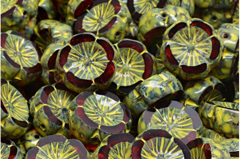 Table Cut Hawaii Flower Beads, Transparent Red Travertin Beige Yellow Spotted (90060-86800-33303), Glass, Czech Republic