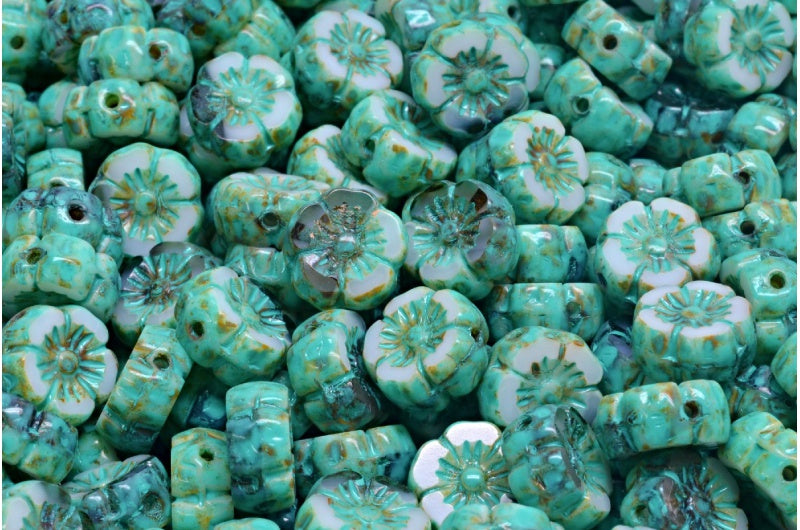 Table Cut Hawaii Flower Beads, White Transparent Light Amethyst Travertin Turqouise Spotted (02010-20310-86800-33310), Glass, Czech Republic