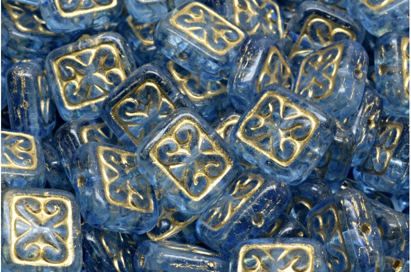 Ornamental Cushion Beads, Crystal Gold Lined Light Blue (00030-54302-34307), Glass, Czech Republic