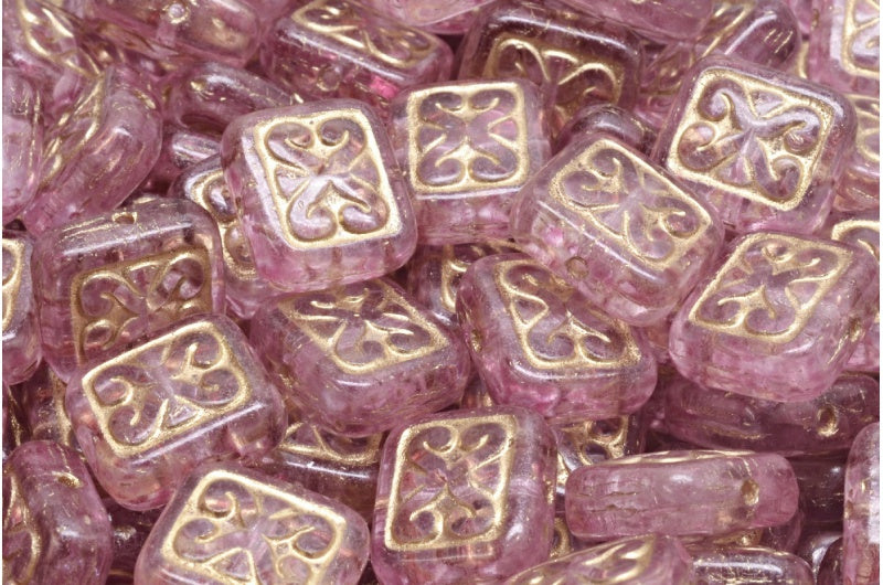 OUTLET 10 grams Ornamental Cushion Beads, 11 x 12 mm, Crystal Gold Lined Light Fuchsia Pink (00030-54302-34306), Glass, Czech Republic