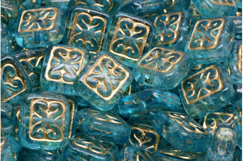 Ornamental Cushion Beads, Crystal Gold Lined Light Aqua Blue (00030-54302-34308), Glass, Czech Republic