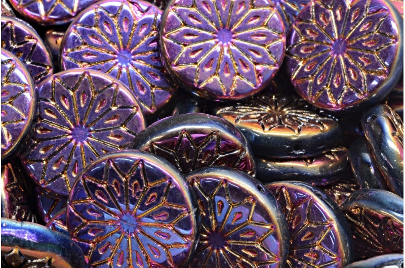 Origami Flower Beads, Black Sliperit Full (2X Side) (23980-29503), Glass, Czech Republic