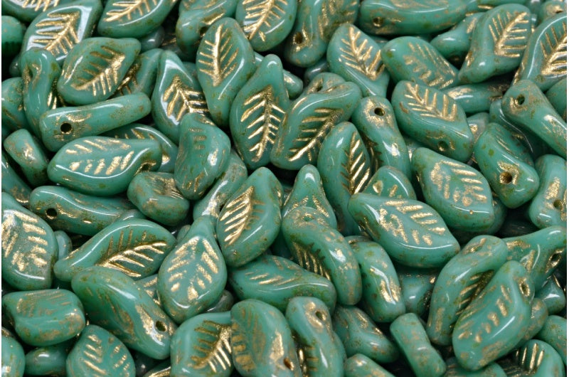 Bay Leaf Beads, Turquoise Travertin Gold Lined (63130-86800-54302), Glass, Czech Republic